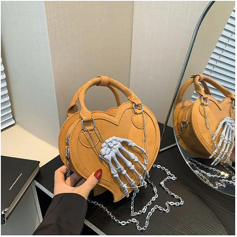 Heart Shape Crossbody Bag for Women Gothic Skeleton Claw Satchel Handbags
