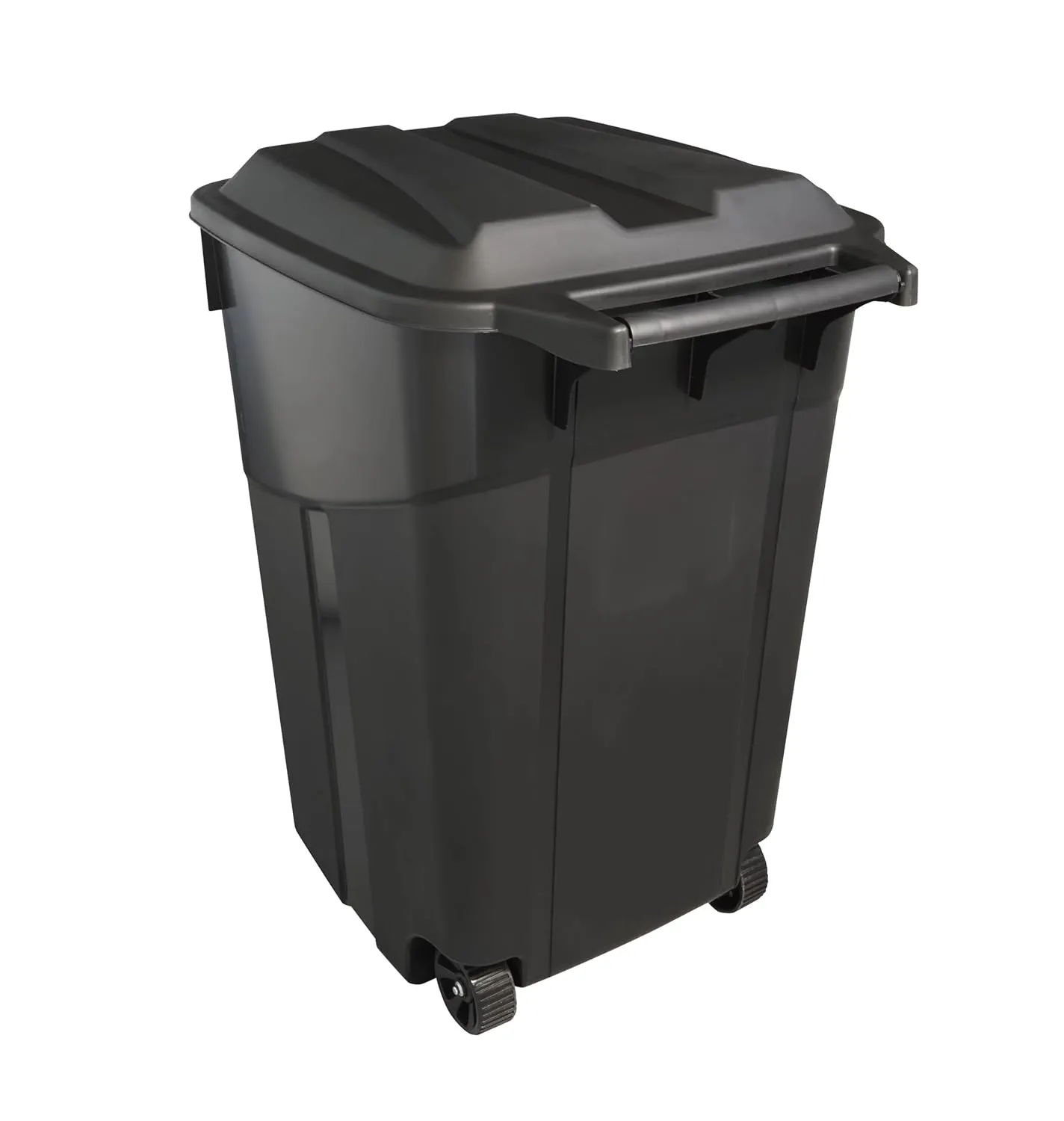 Heavy Duty Wheeled Plastic Garbage Can, 45 Gallon Capacity, Attached Lid, Black