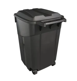 Heavy Duty Wheeled Plastic Garbage Can, 45 Gallon Capacity, Attached Lid, Black