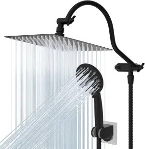 Hibbent All Metal Shower Head, 8'' High Pressure Rainfall Shower Head, Handheld Showerhead Combo with 12'' Adjustable Curved Extension Arm, 7-Spray, 71'' Hose, Adhesive Showerhead Holder, Matte Black