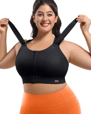 High Impact Sports Bras for Women Adjustable Zip Front Plus Size Workout Bra Full Coverage Removable Padded Running