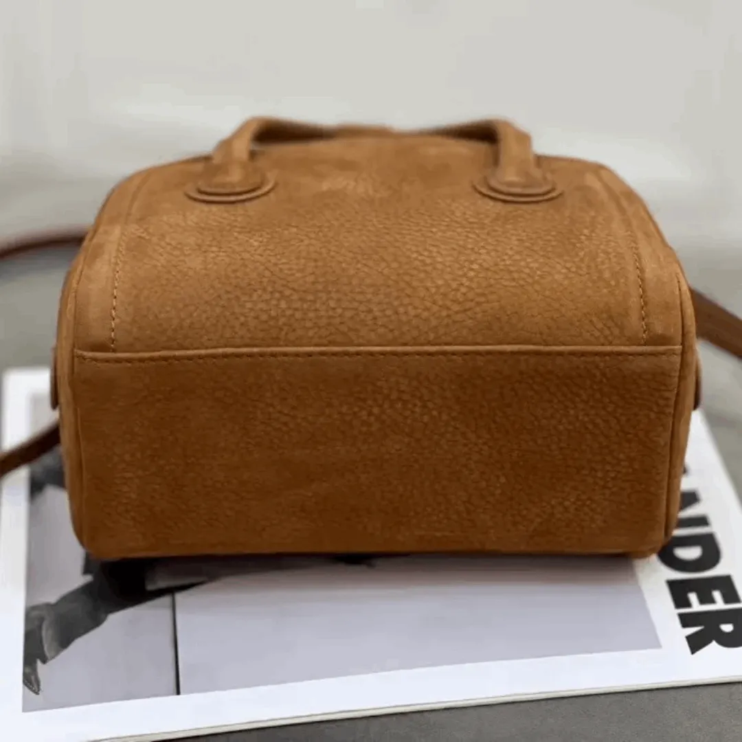 High-Quality Cowhide Leather Bowling Bag – Elegant Single Shoulder & Crossbody Handbag for Women