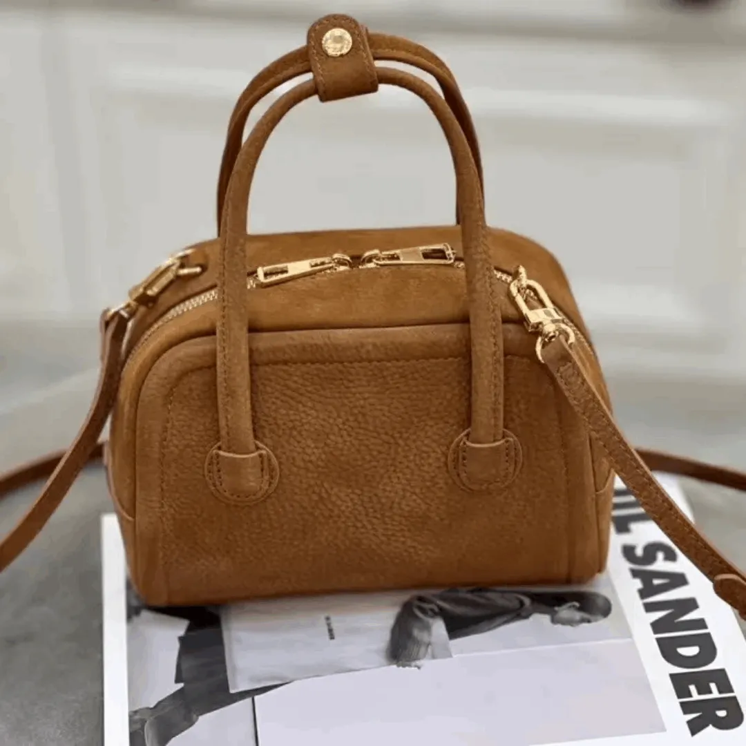 High-Quality Cowhide Leather Bowling Bag – Elegant Single Shoulder & Crossbody Handbag for Women