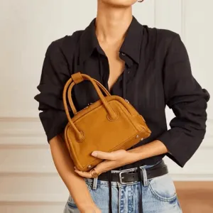 High-Quality Cowhide Leather Bowling Bag – Elegant Single Shoulder & Crossbody Handbag for Women