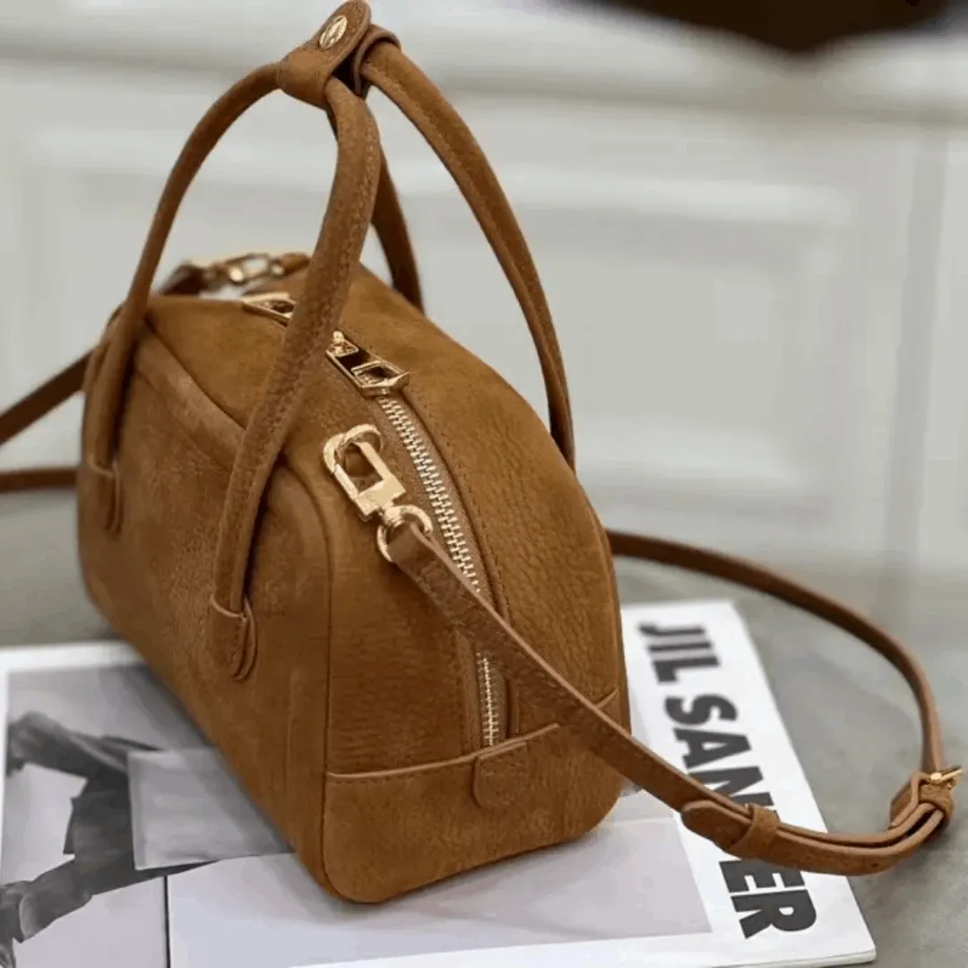 High-Quality Cowhide Leather Bowling Bag – Elegant Single Shoulder & Crossbody Handbag for Women