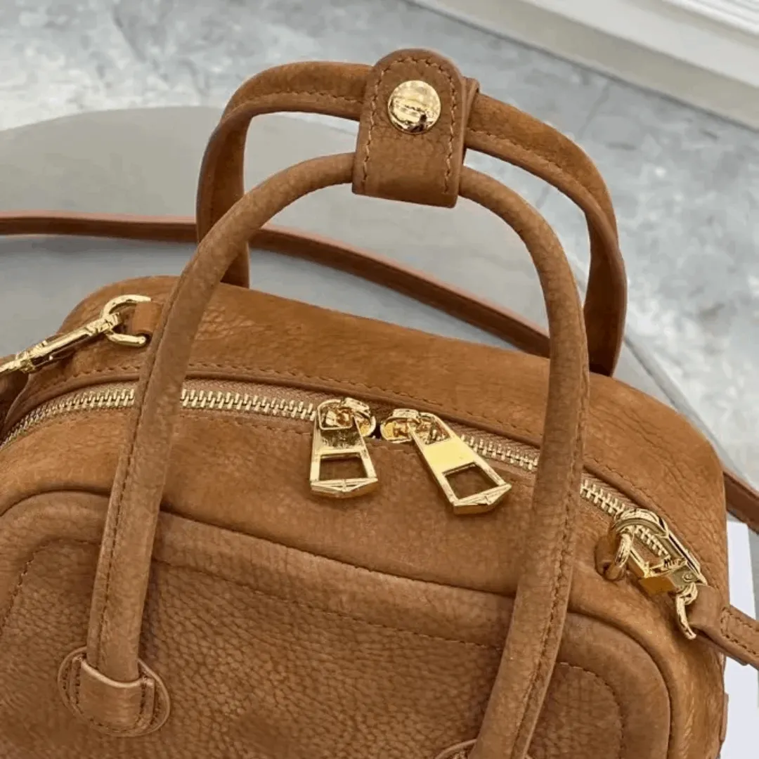 High-Quality Cowhide Leather Bowling Bag – Elegant Single Shoulder & Crossbody Handbag for Women