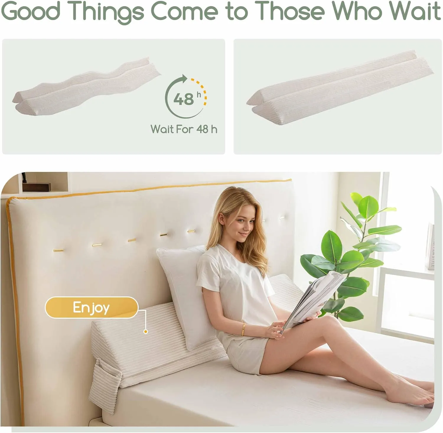 HIGOGOGO Wedge Pillow Headboard/Bed Wedge Pillow for Headboard/Bed Gap Filler (0-6"), Stop Loosing Your Pillows, Phone (Beige 60"x10"x7")