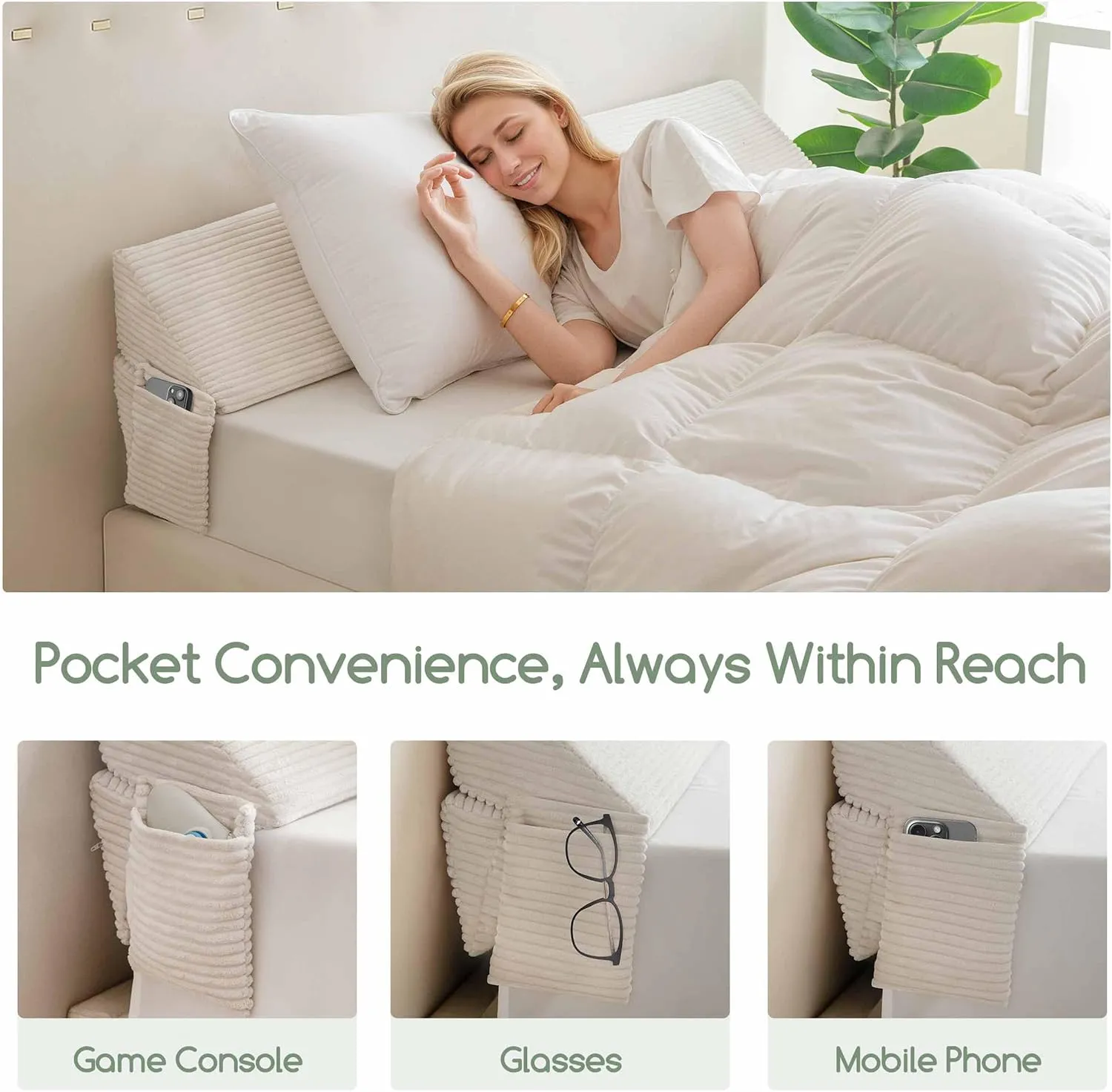 HIGOGOGO Wedge Pillow Headboard/Bed Wedge Pillow for Headboard/Bed Gap Filler (0-6"), Stop Loosing Your Pillows, Phone (Beige 60"x10"x7")