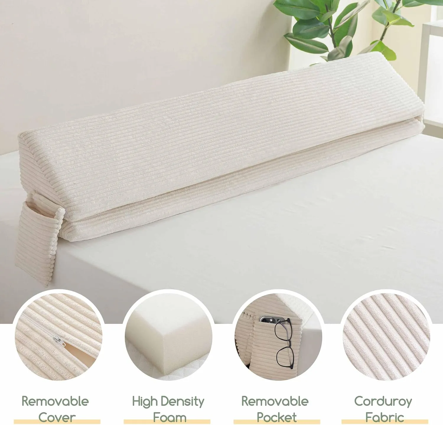 HIGOGOGO Wedge Pillow Headboard/Bed Wedge Pillow for Headboard/Bed Gap Filler (0-6"), Stop Loosing Your Pillows, Phone (Beige 60"x10"x7")