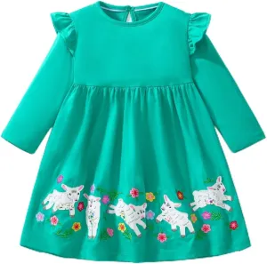 HILEELANG Toddler Girls Long Sleeve Dress Fall Autuman Cotton Casual Floal Jersey Shirt Dresses