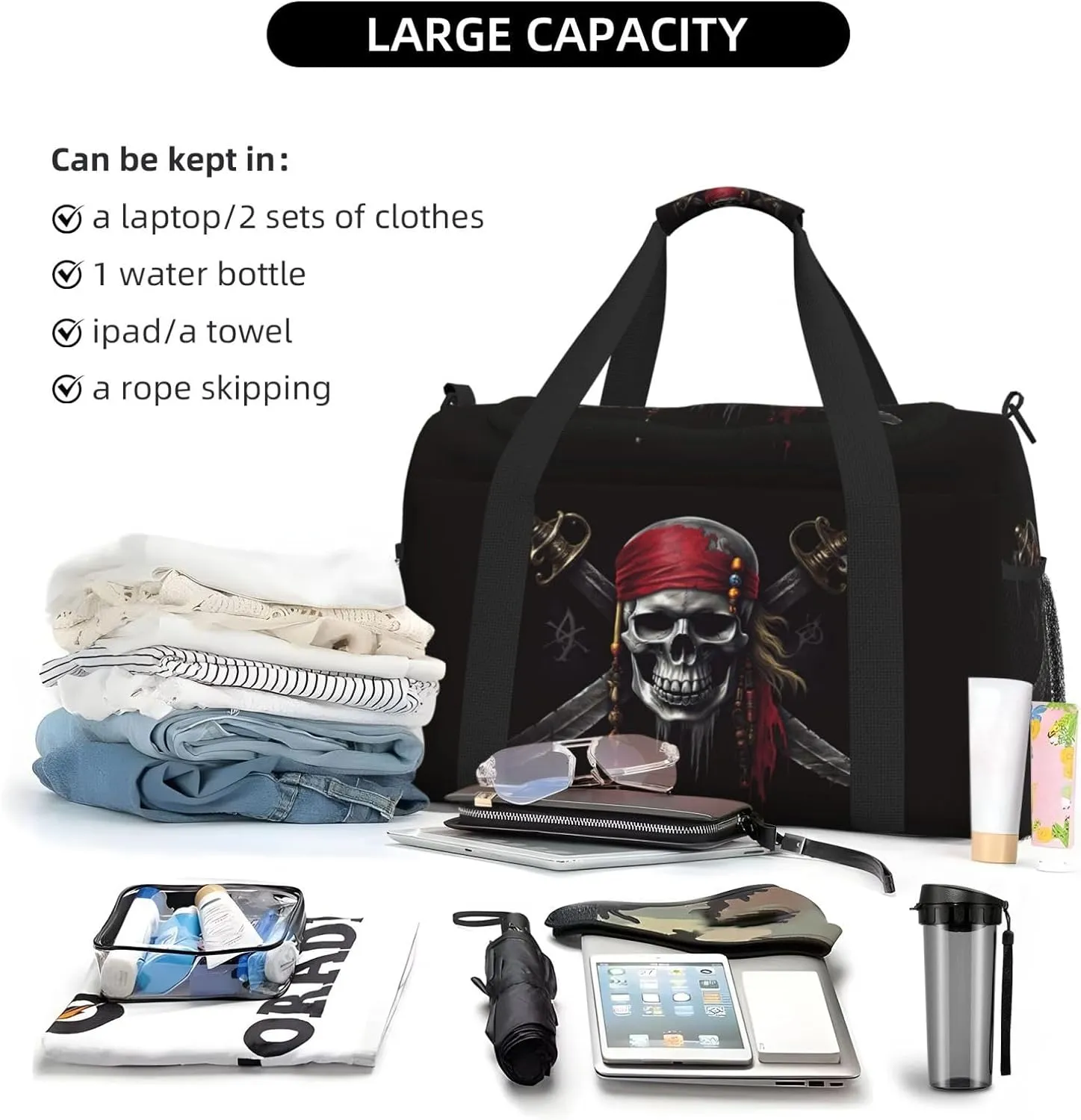 Hippie Skull Big Capacity Sports Gym Bag Portable Travel Duffle Bag, Black Lightweight Weekender Workout Bag for Overnight, Unisex