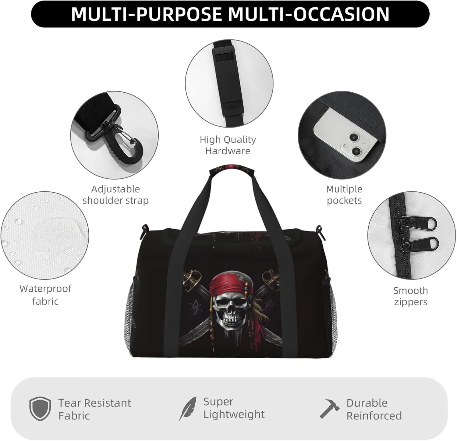 Hippie Skull Big Capacity Sports Gym Bag Portable Travel Duffle Bag, Black Lightweight Weekender Workout Bag for Overnight, Unisex