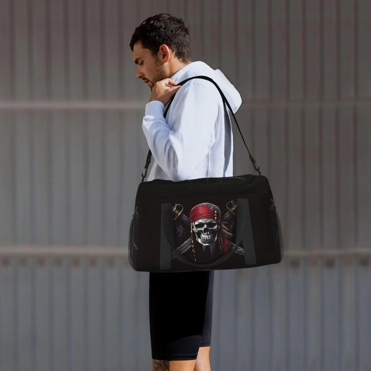 Hippie Skull Big Capacity Sports Gym Bag Portable Travel Duffle Bag, Black Lightweight Weekender Workout Bag for Overnight, Unisex
