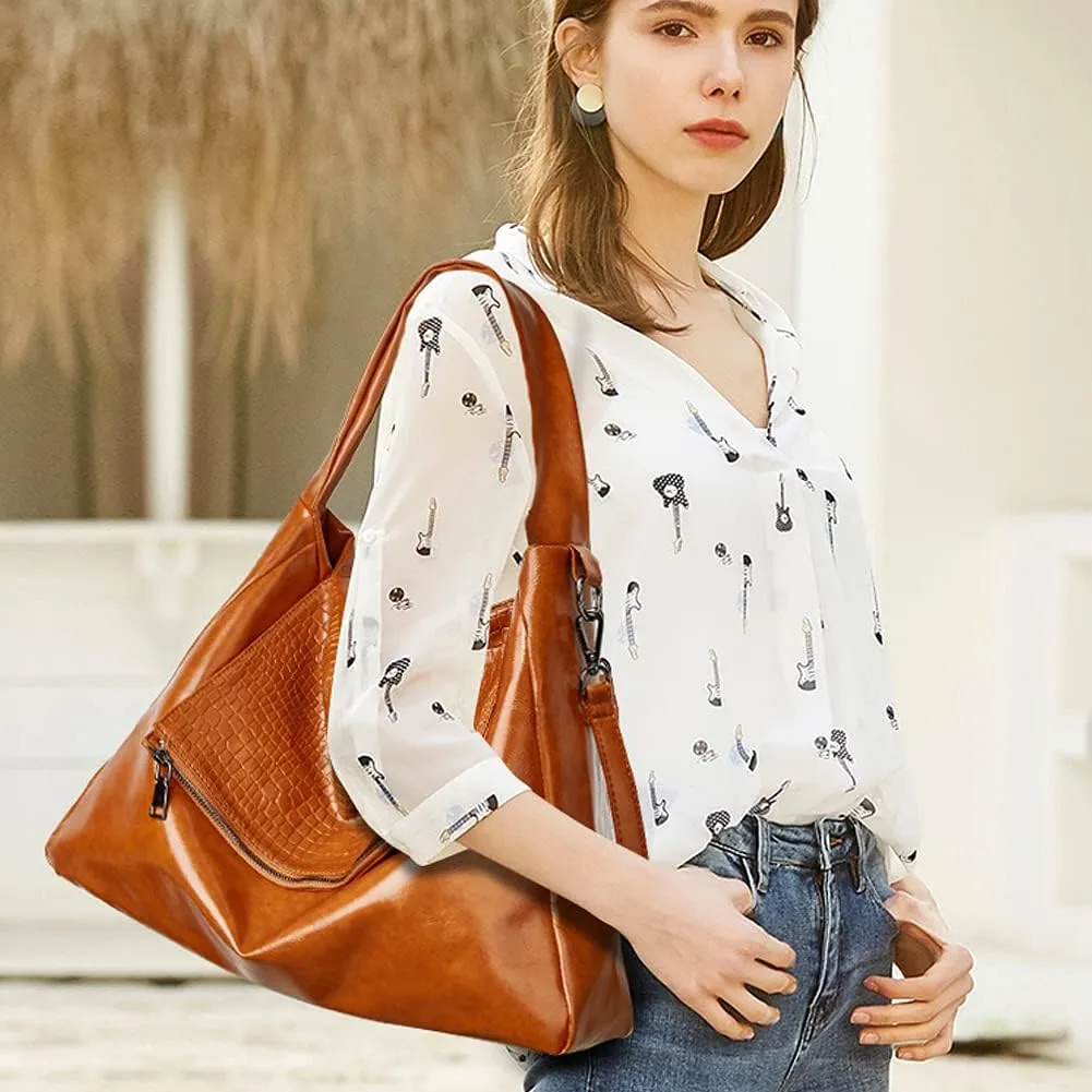 Hobo Tote Bag for Women Oil wax leather Handbag Crocodile Print Shoulder Bag Zipper Closure Crossbody Bag