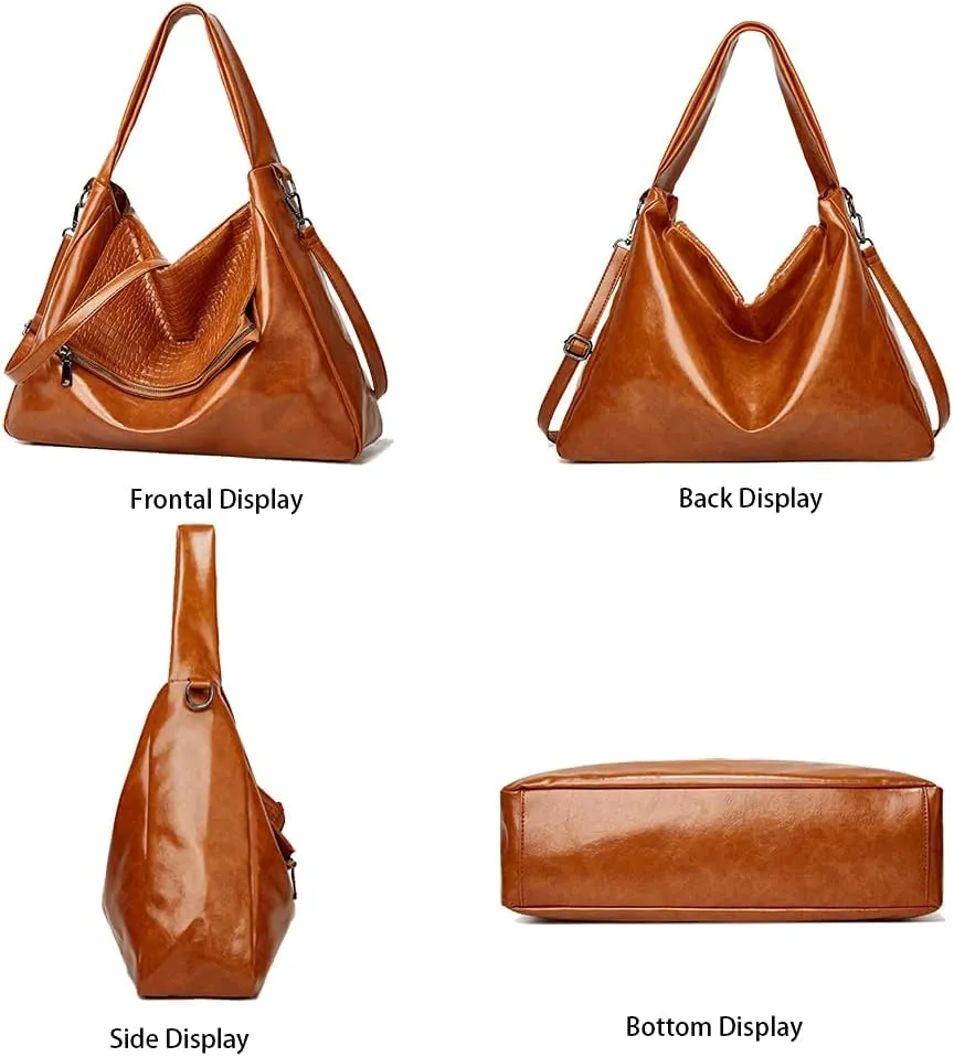 Hobo Tote Bag for Women Oil wax leather Handbag Crocodile Print Shoulder Bag Zipper Closure Crossbody Bag