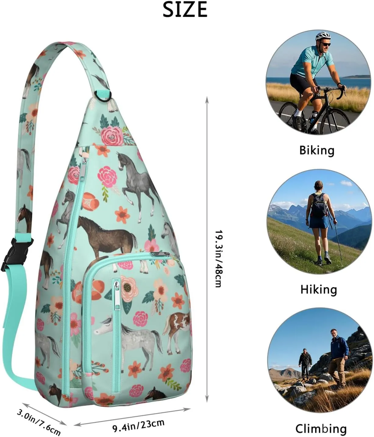 Horse rural flower Crossbody Bag Daypack for Women Men Lightweight Waterproof Sling Bag Backpack Hiking Cycling
