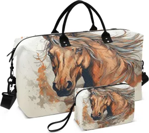 Horse Travel Duffle Bag Gym Bag, Handsome Horse Weekender Bags for Women with Toiletry Bag Travel Tote Bag Swim Bag
