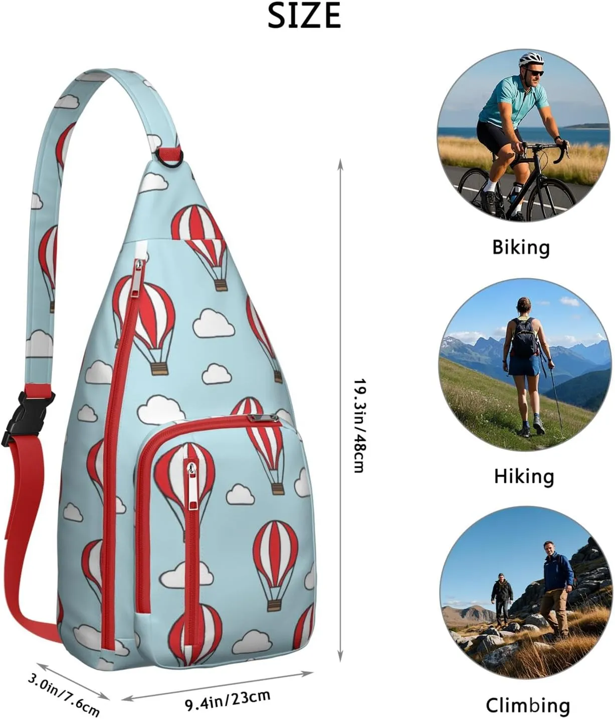 Hot Air Balloon Pattern with Clouds Crossbody Bag Daypack for Women Men Lightweight Waterproof Sling Bag Backpack Hiking Cycling