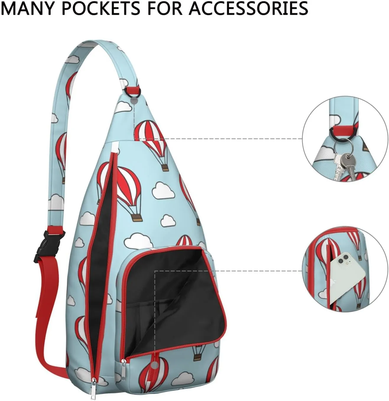 Hot Air Balloon Pattern with Clouds Crossbody Bag Daypack for Women Men Lightweight Waterproof Sling Bag Backpack Hiking Cycling