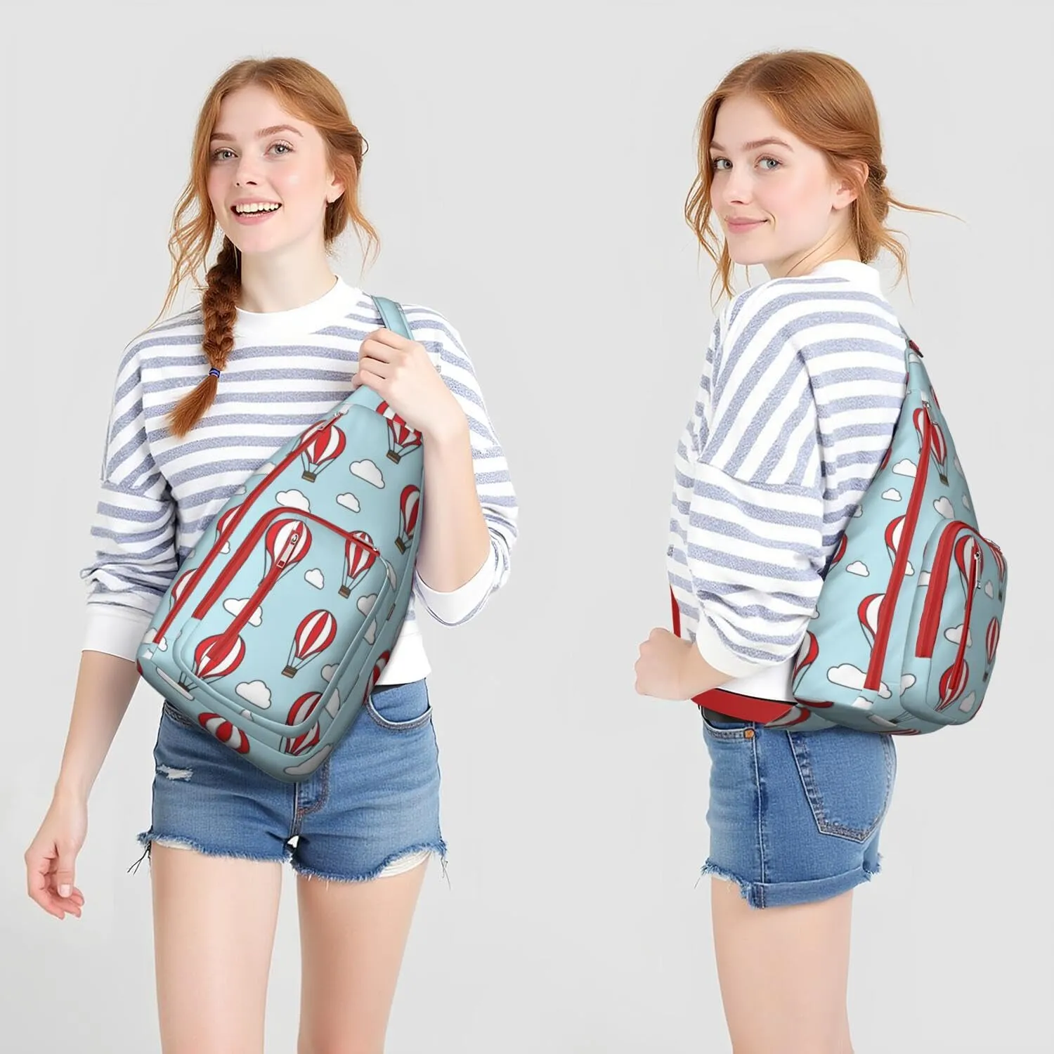 Hot Air Balloon Pattern with Clouds Crossbody Bag Daypack for Women Men Lightweight Waterproof Sling Bag Backpack Hiking Cycling