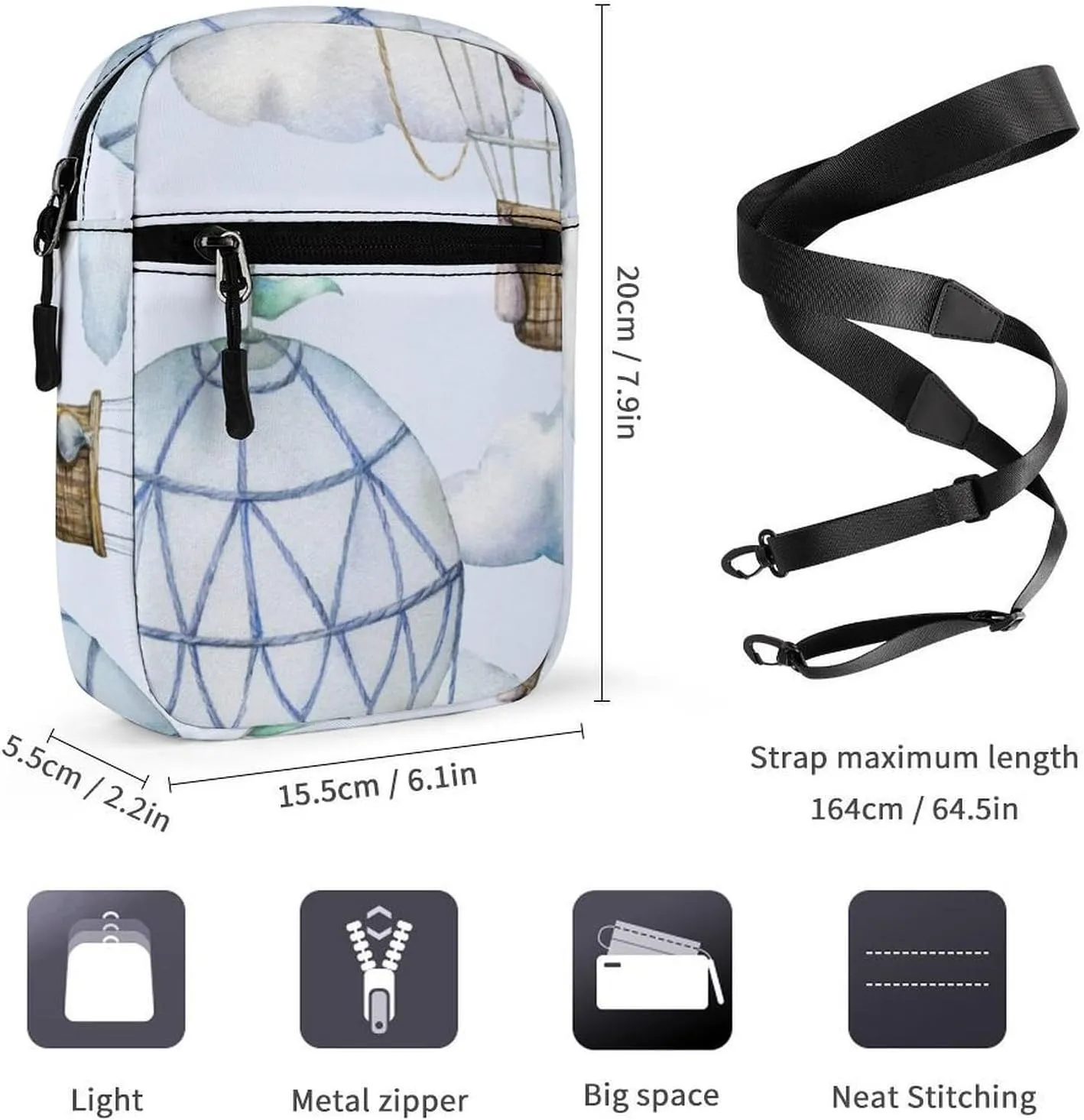 Hot Air Balloons And Clouds Detachable Shoulder Strap Exquisite Small Shoulder Bag