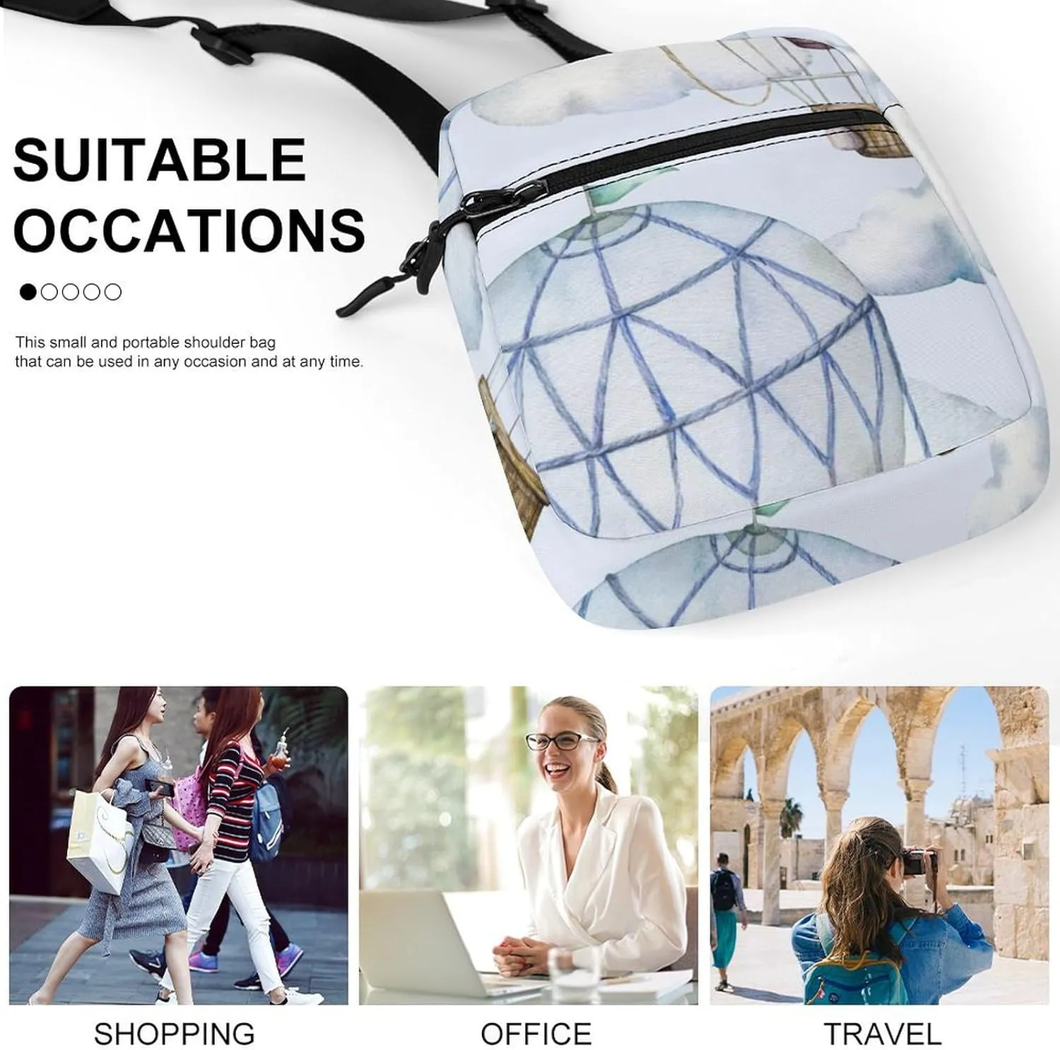 Hot Air Balloons And Clouds Detachable Shoulder Strap Exquisite Small Shoulder Bag
