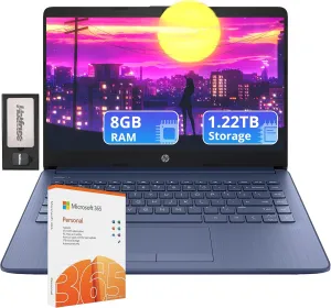 HP Flagship 14" HD Laptop with 1 Year Office 365 | 8GB RAM | 1.22TB Storage(64GB EMMC & 160GB Docking Station Set & 1TB Cloud Storage) | Intel 4-Core Processor | Webcam | Win 11s | Blue