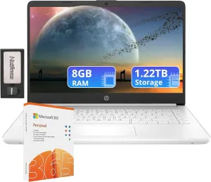 HP Flagship 14" HD Laptop with 1 Year Office 365 | 8GB RAM | 1.22TB Storage(64GB EMMC & 160GB Docking Station Set & 1TB Cloud Storage) | Intel 4-Core Processor | Webcam | Win 11s | White