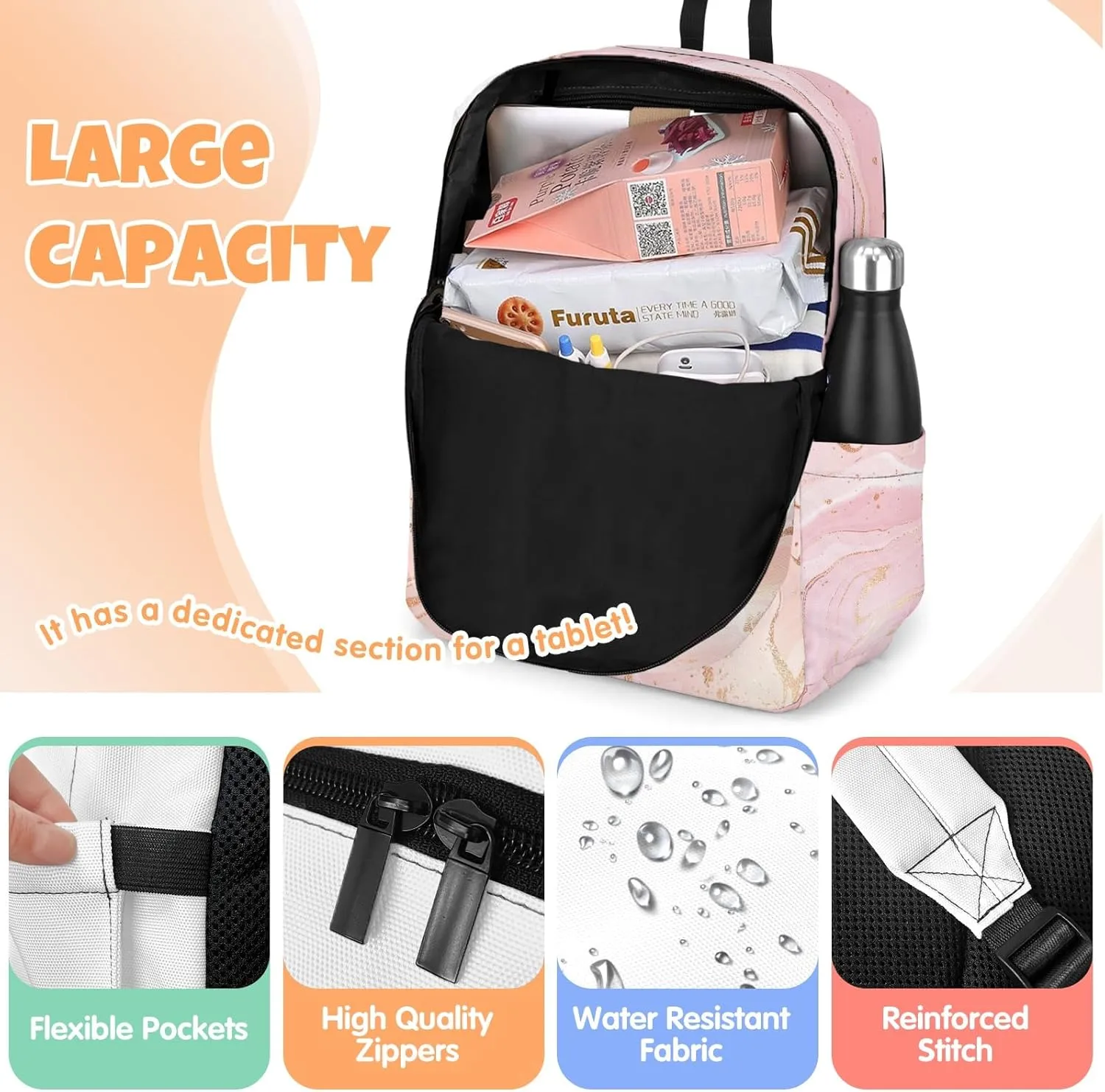 HUTARIO Personalized Backpack for School, Girls Kids Name Pink Bookbag Elementary School Backpack Set with Lunch Bag Box and Pencil Case, Waterproof Lightweight 16.8”