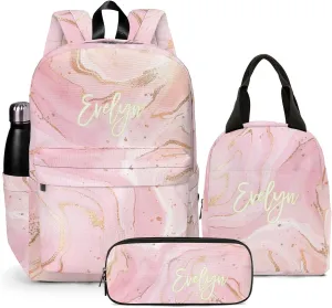 HUTARIO Personalized Backpack for School, Girls Kids Name Pink Bookbag Elementary School Backpack Set with Lunch Bag Box and Pencil Case, Waterproof Lightweight 16.8”