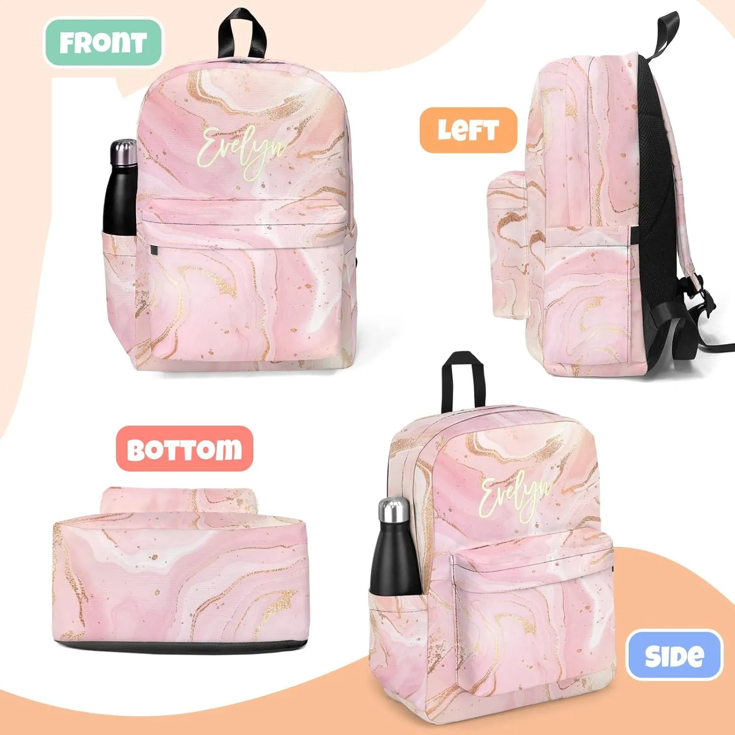 HUTARIO Personalized Backpack for School, Girls Kids Name Pink Bookbag Elementary School Backpack Set with Lunch Bag Box and Pencil Case, Waterproof Lightweight 16.8”