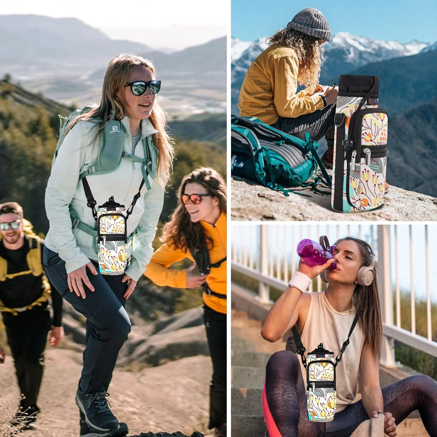 icolor Water Bottle Carrier Bag with Strap 25/32/40/64oz Crossbody Water Bottle Holder with Phone Pocket Sling Sleeve Insulated Neoprene Water Bottle Pouch for Walking Hiking Travelling