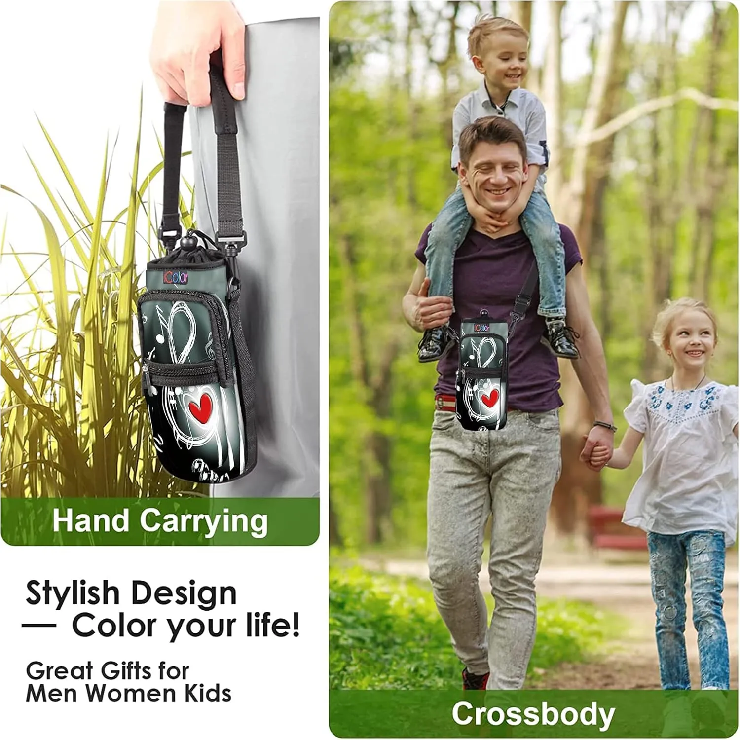 icolor Water Bottle Carrier Bag with Strap 25/32/40/64oz Crossbody Water Bottle Holder with Phone Pocket Sling Sleeve Insulated Neoprene Water Bottle Pouch for Walking Hiking Travelling
