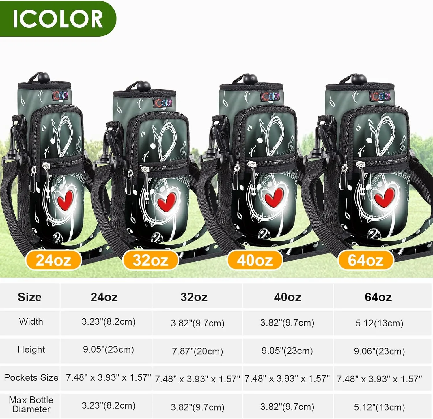 icolor Water Bottle Carrier Bag with Strap 25/32/40/64oz Crossbody Water Bottle Holder with Phone Pocket Sling Sleeve Insulated Neoprene Water Bottle Pouch for Walking Hiking Travelling
