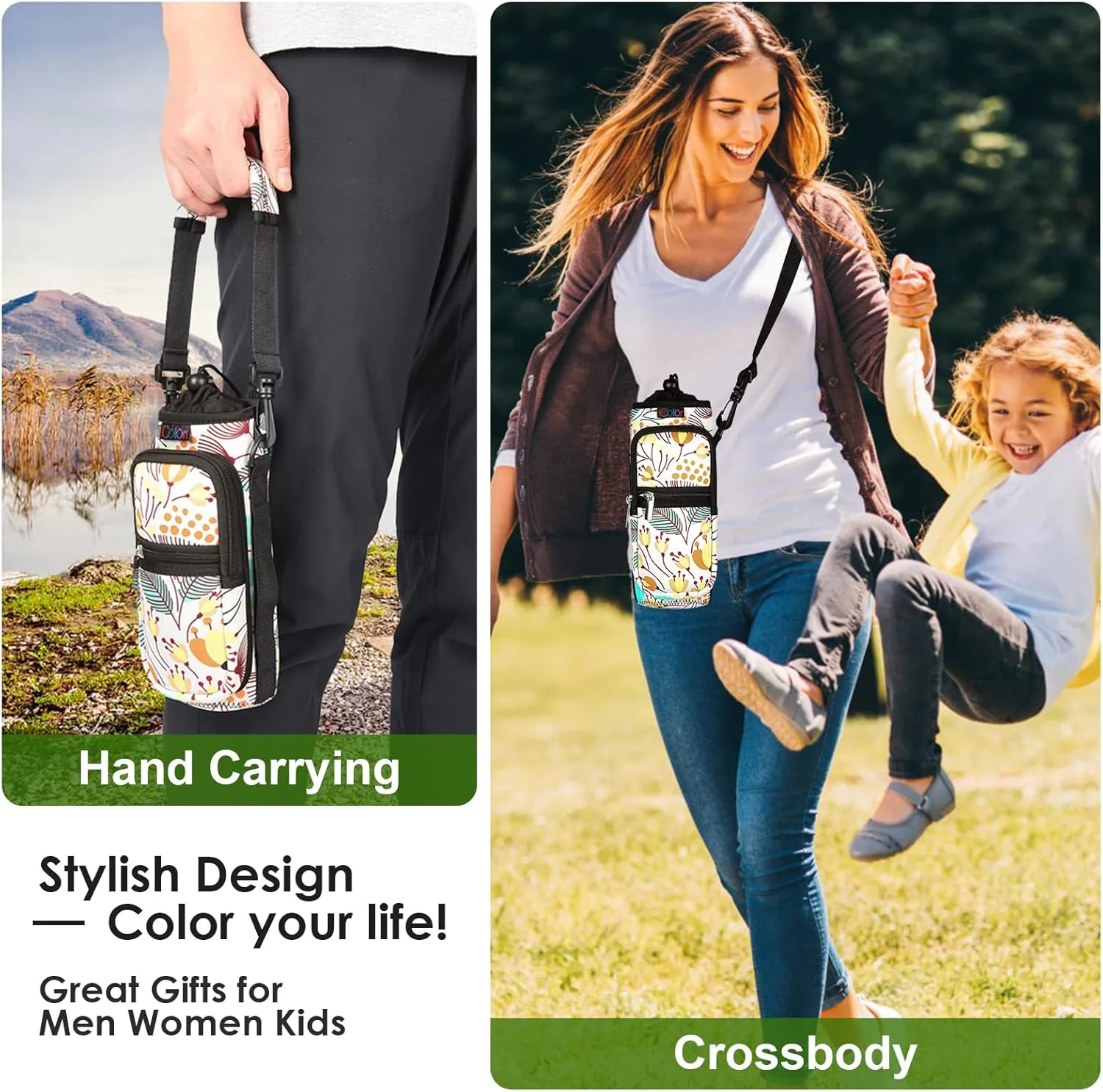 icolor Water Bottle Carrier Bag with Strap 25/32/40/64oz Crossbody Water Bottle Holder with Phone Pocket Sling Sleeve Insulated Neoprene Water Bottle Pouch for Walking Hiking Travelling
