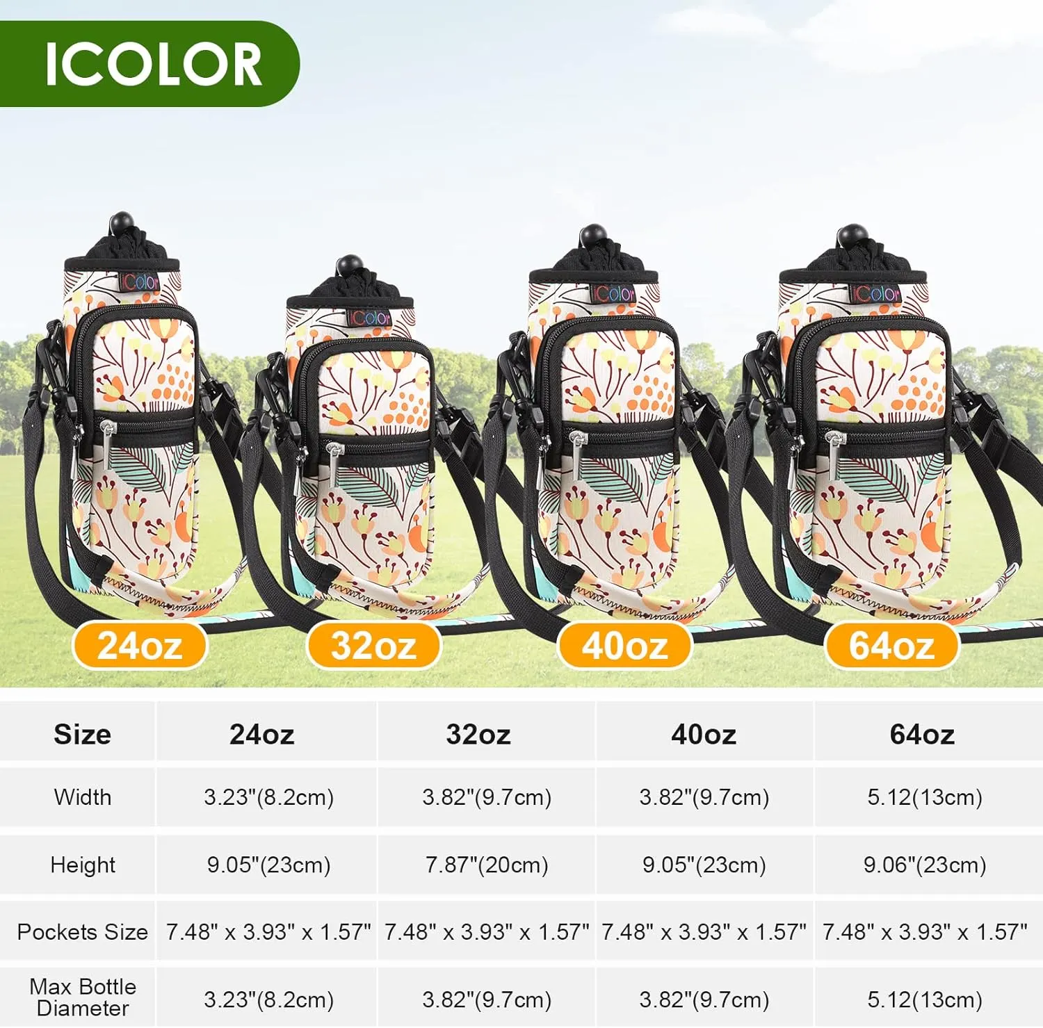 icolor Water Bottle Carrier Bag with Strap 25/32/40/64oz Crossbody Water Bottle Holder with Phone Pocket Sling Sleeve Insulated Neoprene Water Bottle Pouch for Walking Hiking Travelling