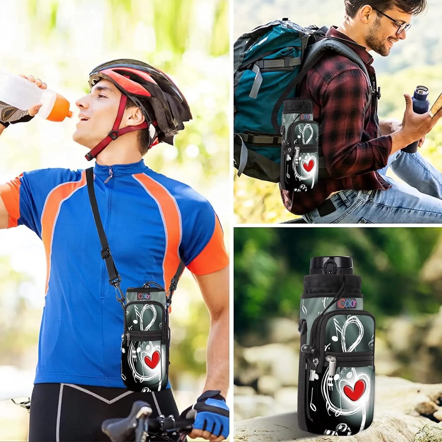 icolor Water Bottle Carrier Bag with Strap 25/32/40/64oz Crossbody Water Bottle Holder with Phone Pocket Sling Sleeve Insulated Neoprene Water Bottle Pouch for Walking Hiking Travelling