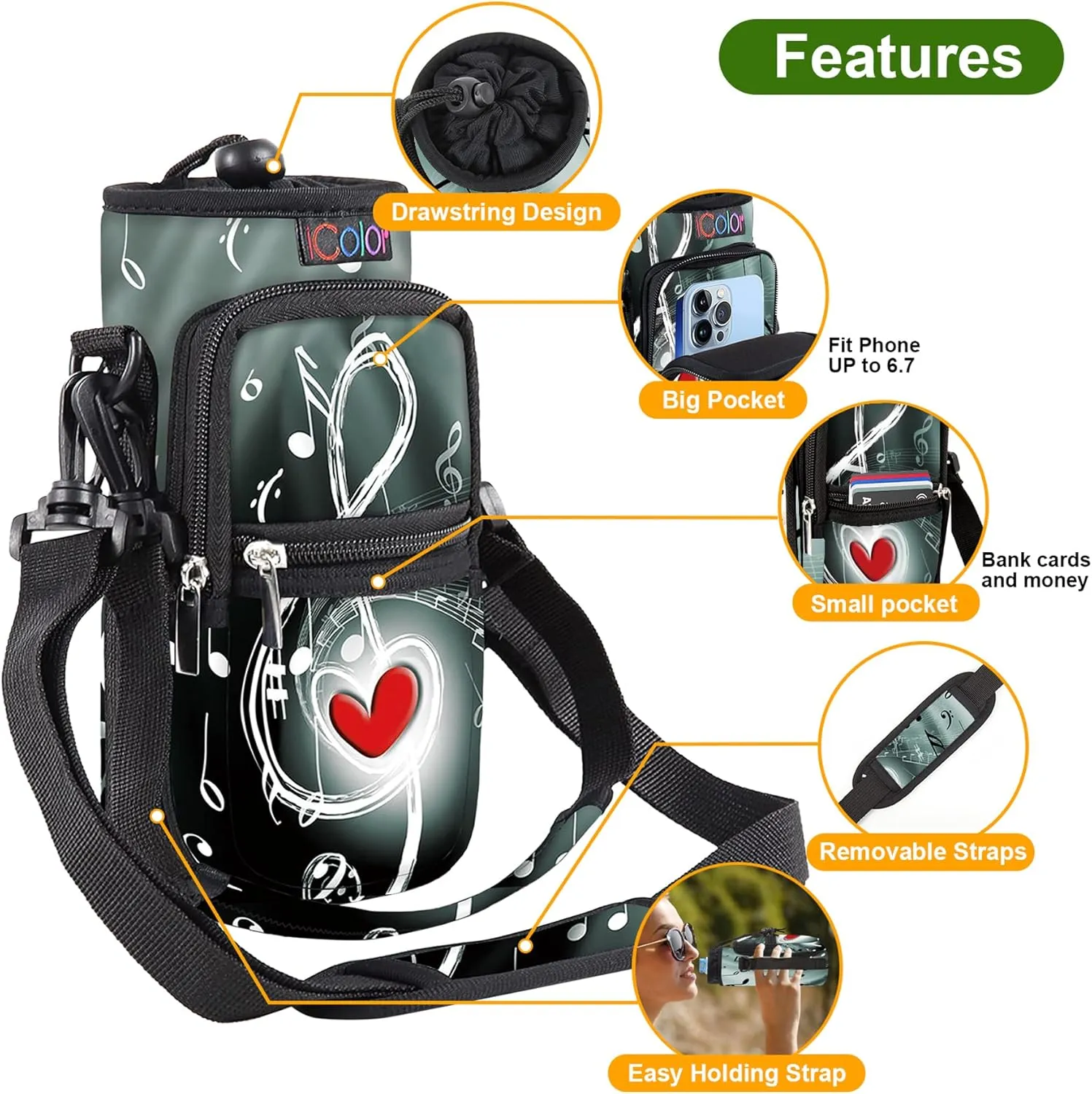 icolor Water Bottle Carrier Bag with Strap 25/32/40/64oz Crossbody Water Bottle Holder with Phone Pocket Sling Sleeve Insulated Neoprene Water Bottle Pouch for Walking Hiking Travelling