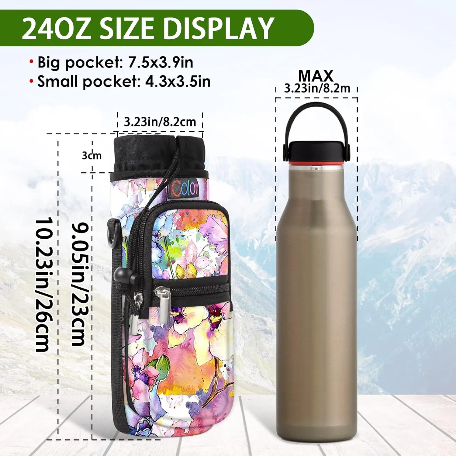 icolor Water Bottle Carrier Bag with Strap 25/32/40/64oz Crossbody Water Bottle Holder with Phone Pocket Sling Sleeve Insulated Neoprene Water Bottle Pouch for Walking Hiking Travelling