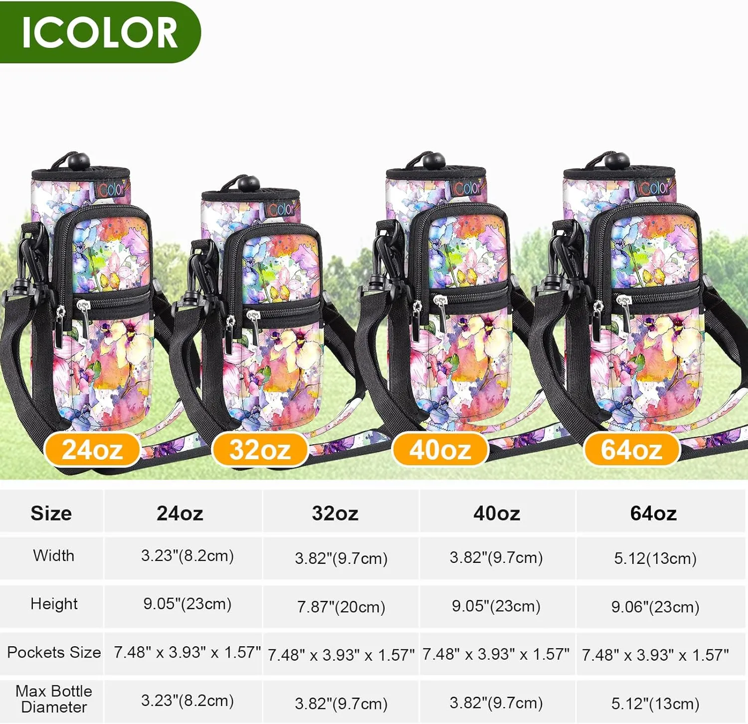 icolor Water Bottle Carrier Bag with Strap 25/32/40/64oz Crossbody Water Bottle Holder with Phone Pocket Sling Sleeve Insulated Neoprene Water Bottle Pouch for Walking Hiking Travelling