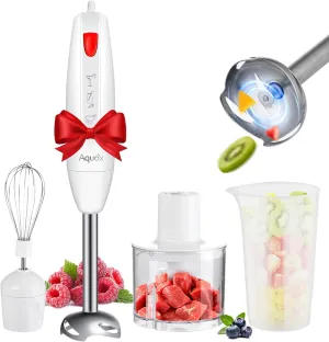 Immersion Blender Handheld Blender 4 in 1, 16000rpm Speed, 400W Turbo Motor & Ergonomic Grip Hand Blender Set, Splash-Proof Stainless Steel Blades, for Soup,Baby Food,Smoothies,Sauce,Aquox (White)