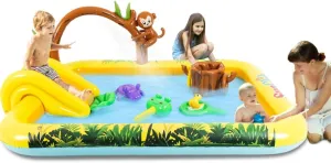 Inflatable Play Center, Inflatable Swimming Pool Cartoon Animals Sprinker Toy with Base Pool, Slide, Monkey, Tree Stump for Kids Toddler Children Garden Backyard