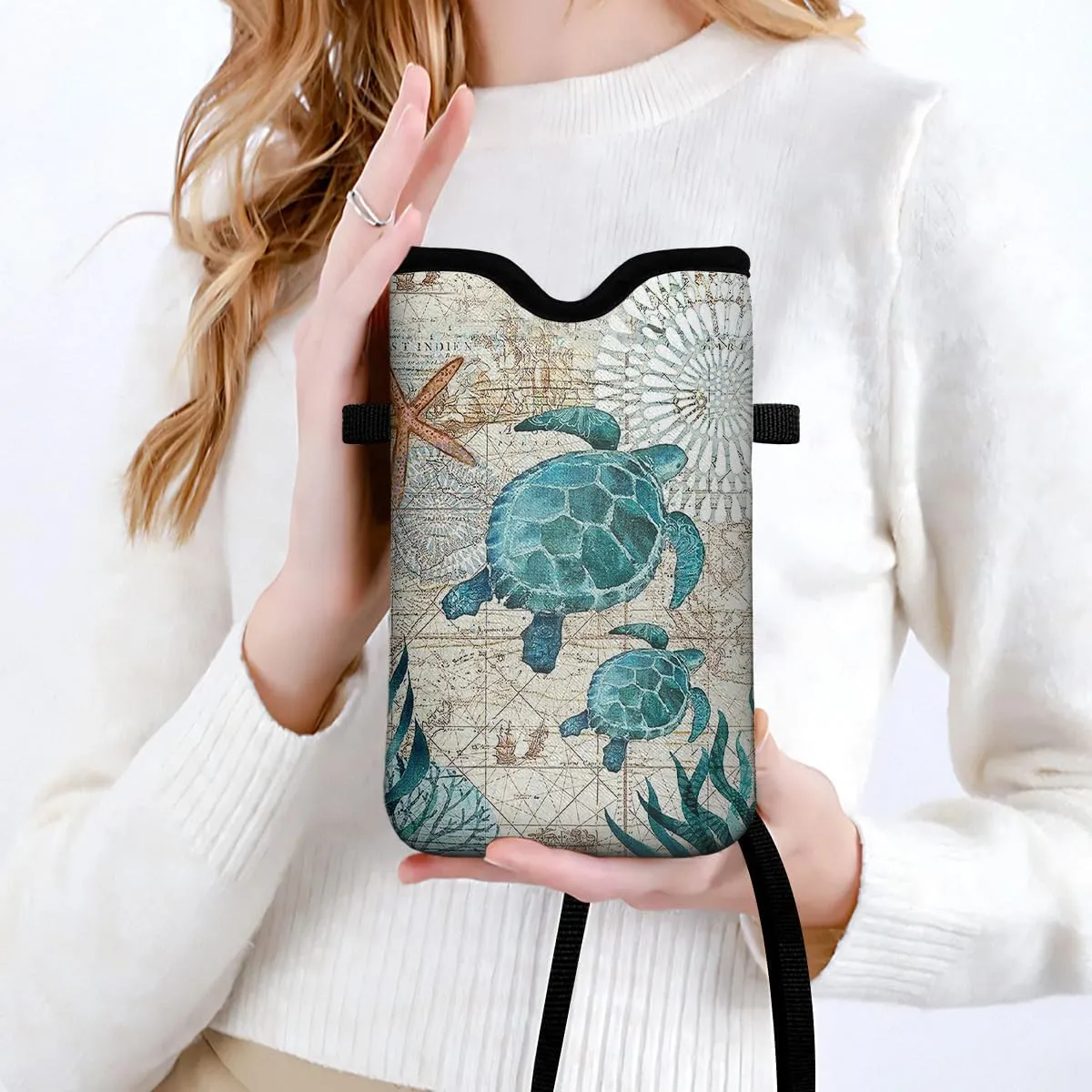 IRADA Neoprene Cell Phone Sleeve Pouch Case Bag with Crossbody Strap Neck Lanyard for Women Men 7.6 X 4.3 Inches-Sea Turtle Shockproof Universal Phone Bag