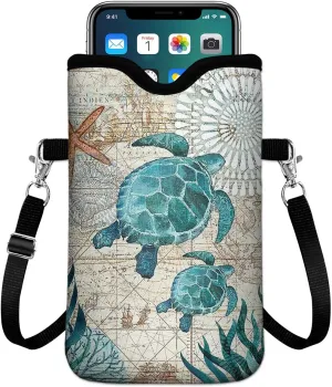 IRADA Neoprene Cell Phone Sleeve Pouch Case Bag with Crossbody Strap Neck Lanyard for Women Men 7.6 X 4.3 Inches-Sea Turtle Shockproof Universal Phone Bag
