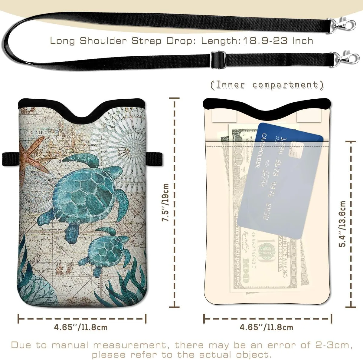 IRADA Neoprene Cell Phone Sleeve Pouch Case Bag with Crossbody Strap Neck Lanyard for Women Men 7.6 X 4.3 Inches-Sea Turtle Shockproof Universal Phone Bag