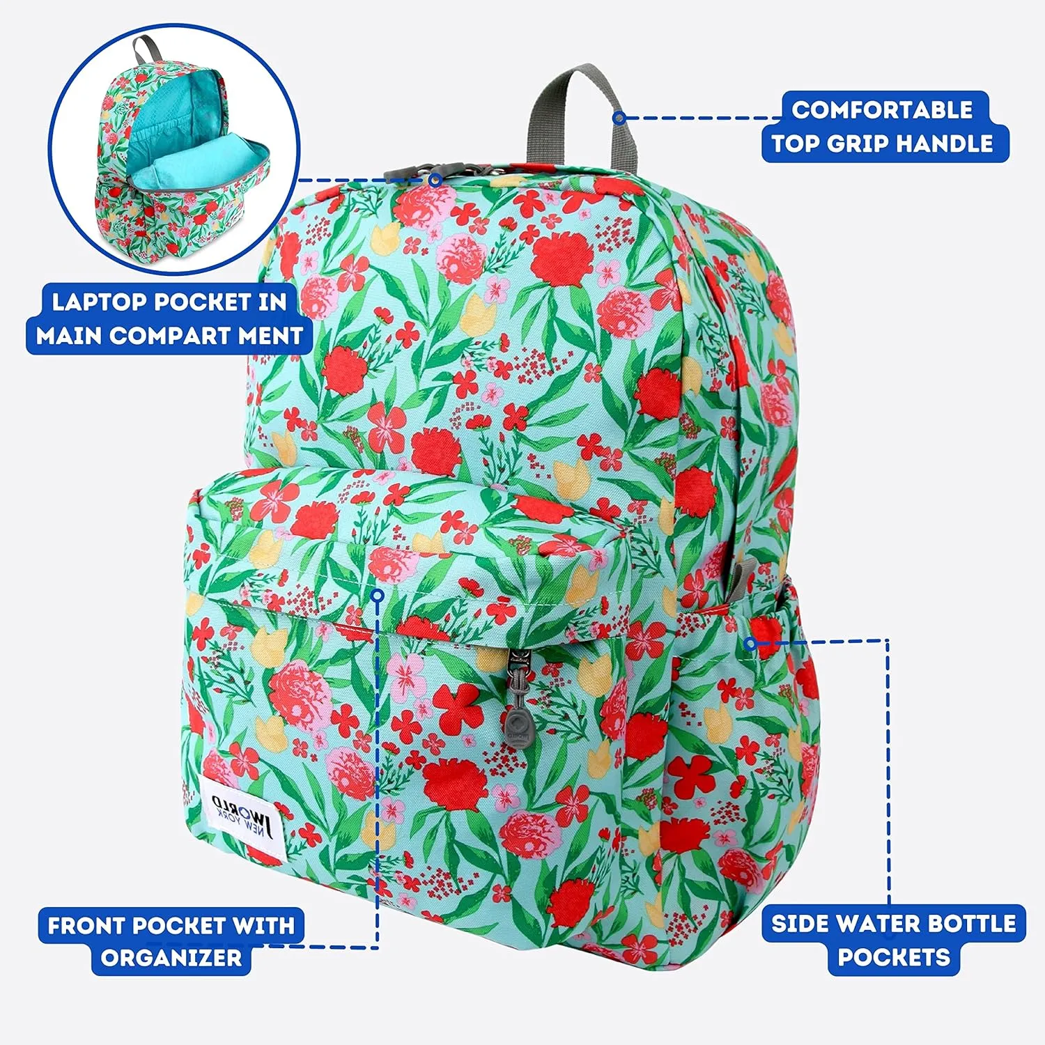 J World New York Unisex Kid's Oz School Backpack for Girls Boys. Cute Bookbag, Flora, One Size