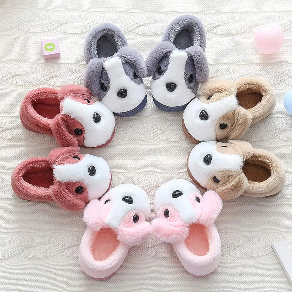 JadeRich Kids/Adults Cute Dog Pattern Fleece Indoor Outdoor Slippers Parent Child Memory Foam Non-Slip Home Shoes