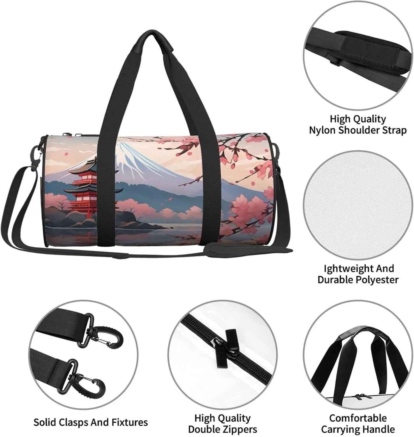 Japanese Floral Cherry Blossom Printed Travel Bag,Round Personal Item Storage bag,Foldie Duffel Bag for Traveling Vacation,Fitness,Sports