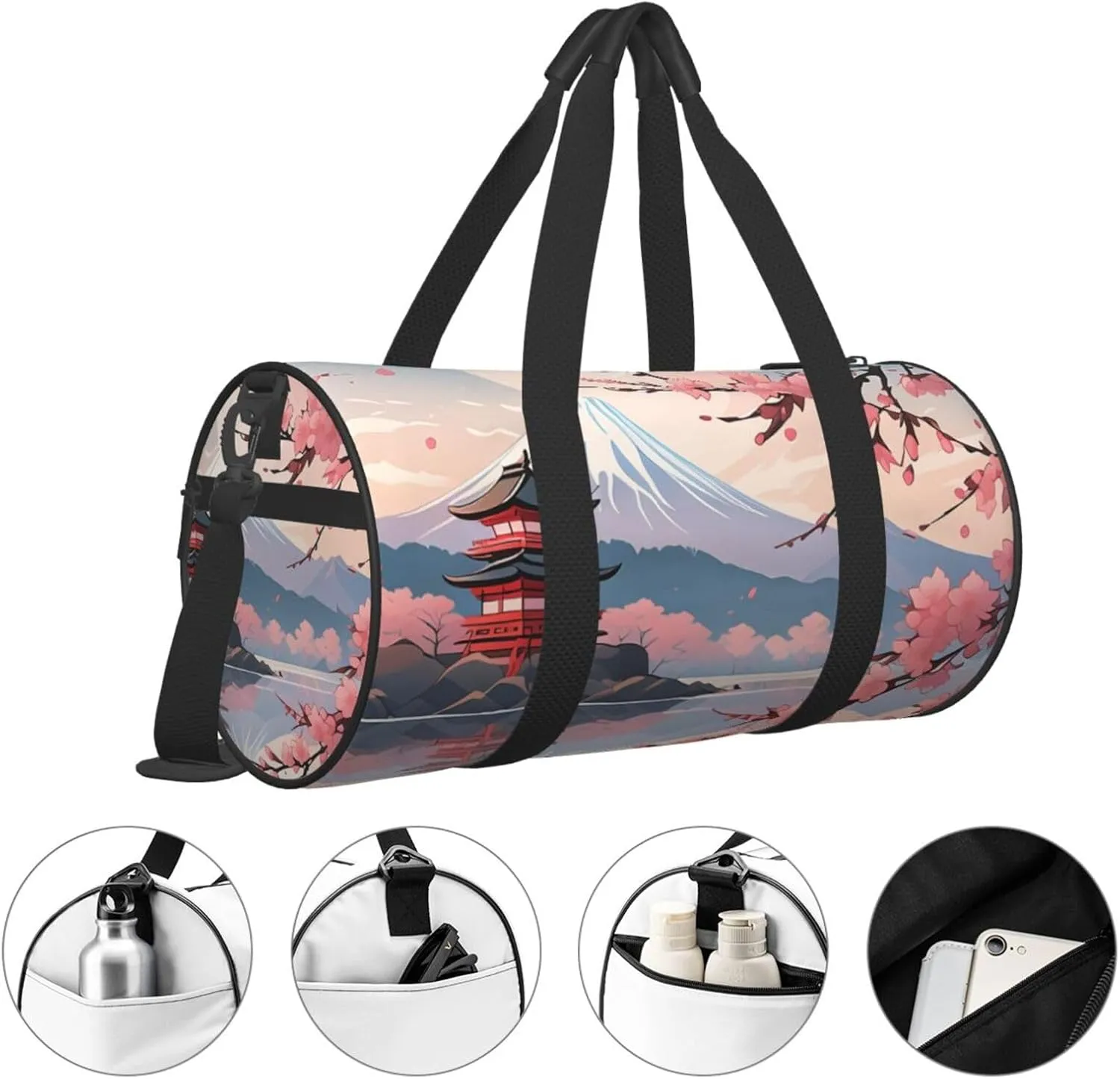 Japanese Floral Cherry Blossom Printed Travel Bag,Round Personal Item Storage bag,Foldie Duffel Bag for Traveling Vacation,Fitness,Sports