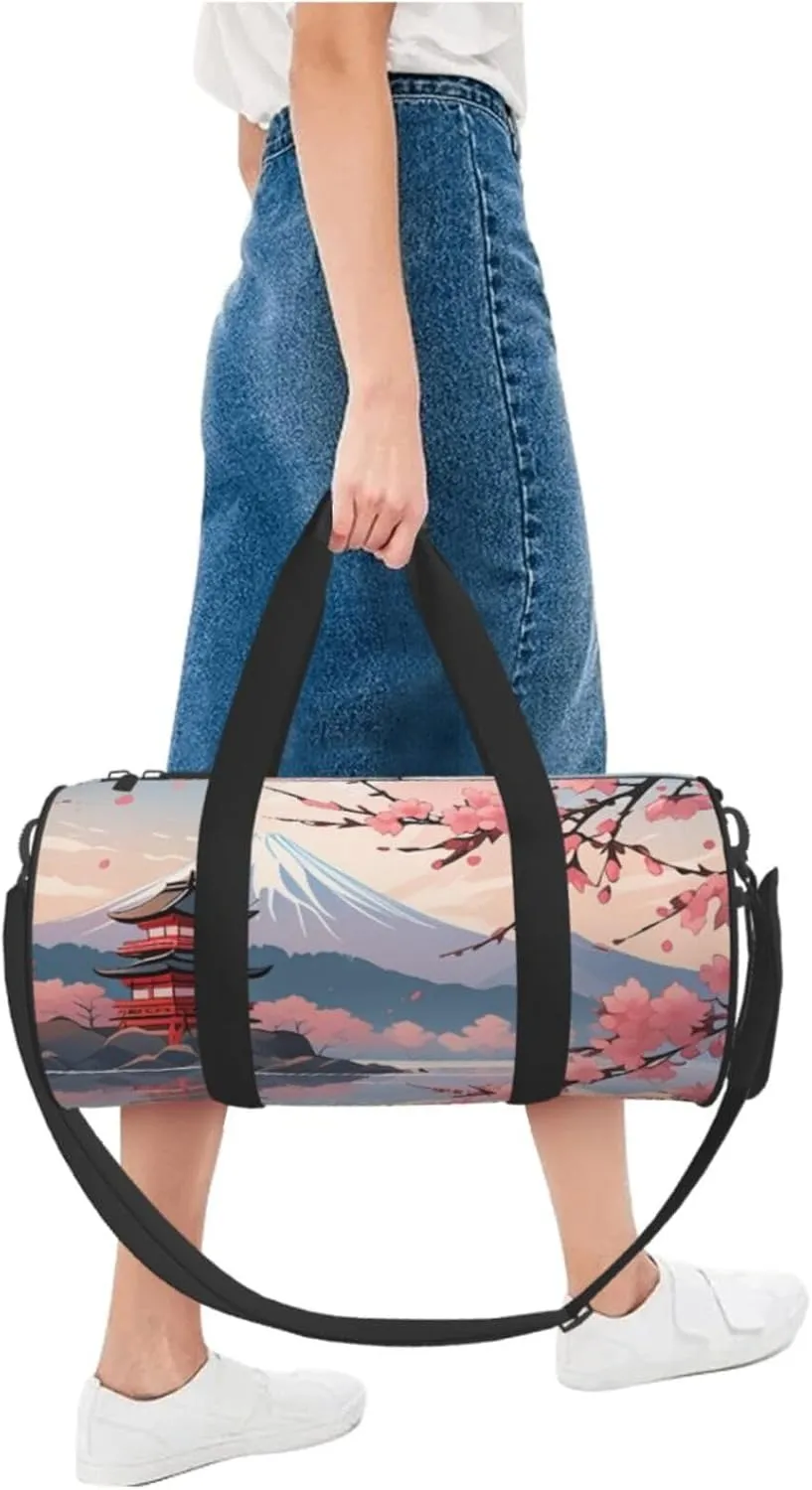 Japanese Floral Cherry Blossom Printed Travel Bag,Round Personal Item Storage bag,Foldie Duffel Bag for Traveling Vacation,Fitness,Sports